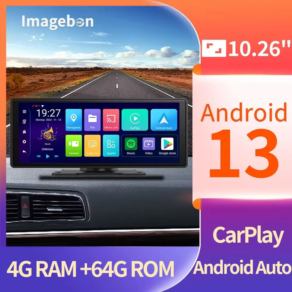 Imagebon Android 13 Dash Cam Wireless CarPlay & Android Auto Car DVR GPS U Disk Bluetooth AUX FM Rearview Mirror Video Recorder