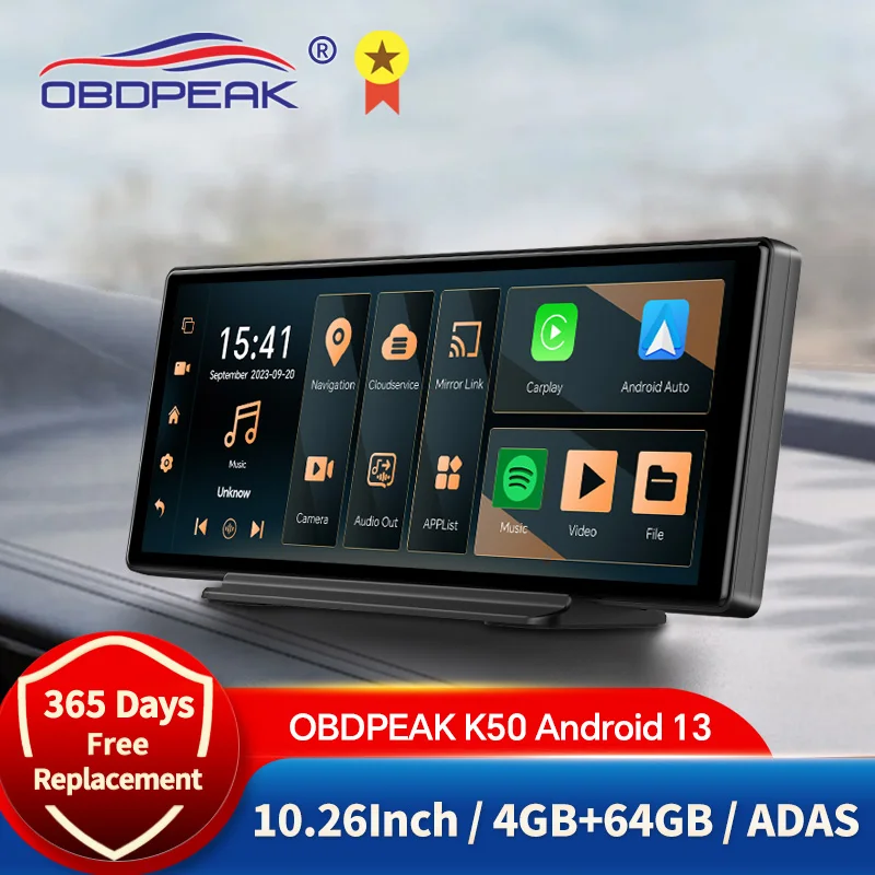 OBDPEAK K50 Product Type: 10.26'' Dashboard Android 13 Dash Cam with GPS Navigation, CarPlay, and Android Auto