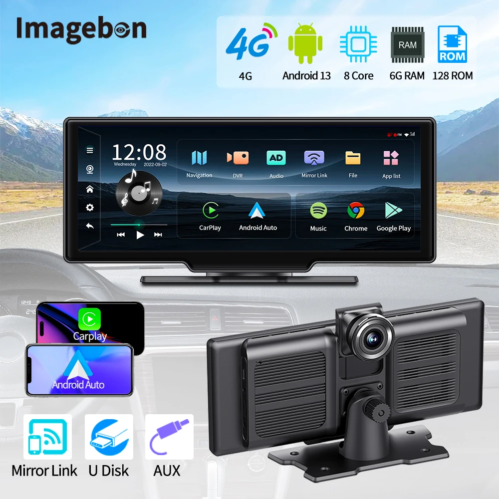 Imagebon 10.26'' 4G LTE Android 13 Dash Cam Wireless CarPlay & Android Auto ADAS GPS Navigation 24h Parking Monitoring Car DVR